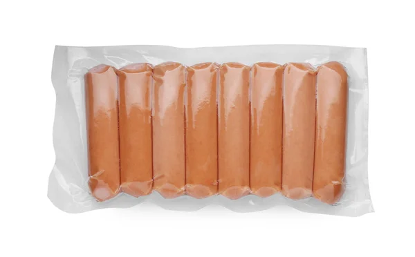 真空包装与香肠隔离在白色 顶部视图 肉类产品 — 图库照片