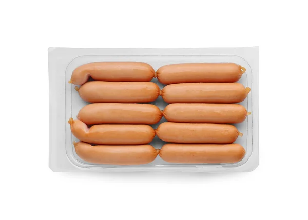 Plastic Container Sausages Isolated White Top View Meat Product — Stock Photo, Image