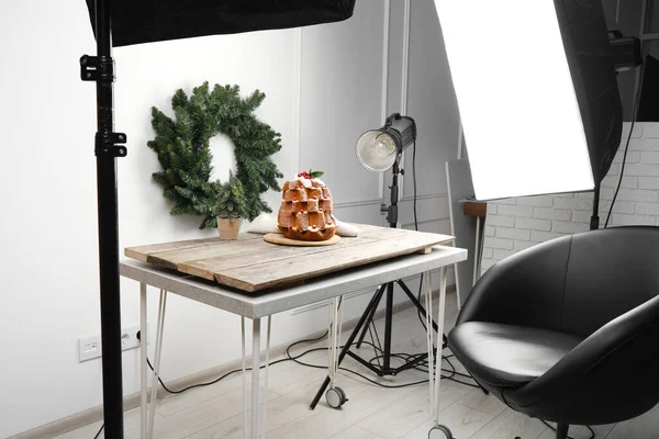 Professional Equipment Christmas Composition Pandoro Cake Wooden Table Studio Food — Fotografia de Stock