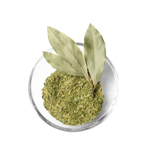 Whole Ground Bay Leaves Bowl White Background Top View — Stock Photo, Image