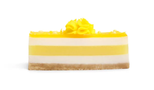 stock image Piece of delicious cheesecake with lemon isolated on white