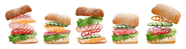 Смачні Бутерброди Чіабата Свіжими Інгредієнтами Повітрі Білому Тлі Дизайн Колажу — стокове фото
