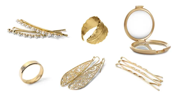 Set Van Verschillende Gouden Sieraden Vergulde Haarspelden Compacte Spiegel Witte — Stockfoto