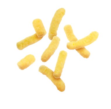 Many tasty corn sticks falling on white background clipart