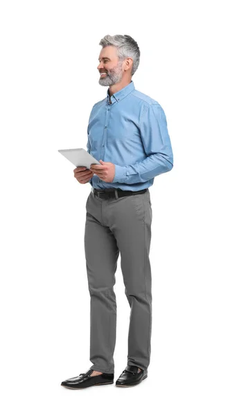 Mature Businessman Stylish Clothes Tablet White Background — Stock Photo, Image