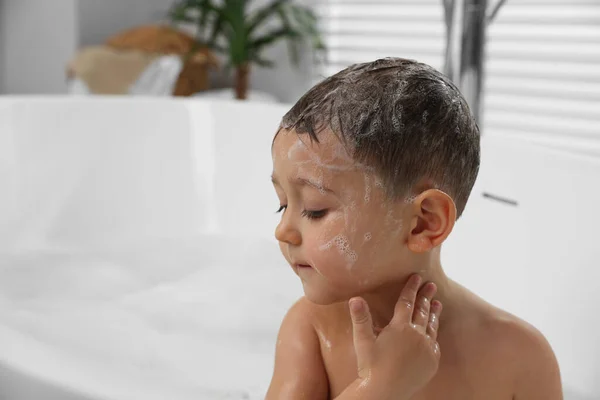 Cute Little Boy Washing Hair Shampoo Bathroom Space Text — Stock Fotó
