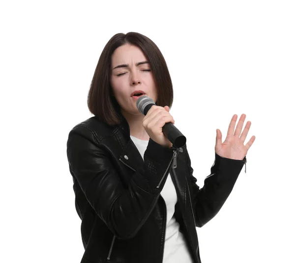 Mulher Bonita Com Microfone Cantando Fundo Branco — Fotografia de Stock