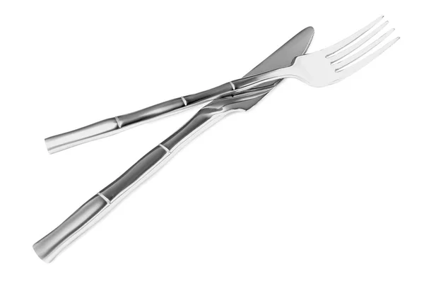 Fork Knife Isolated White Stylish Shiny Cutlery Set — Fotografia de Stock