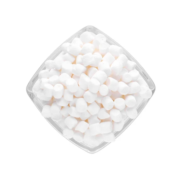 Mísa Lahodnými Opuchlými Marshmallows Izolované Bílém Horní Pohled — Stock fotografie