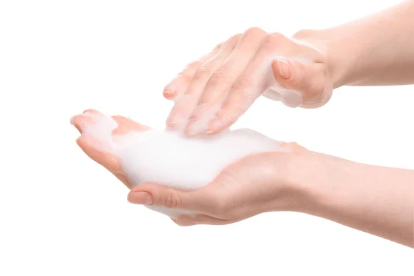 Woman Bath Foam White Background Closeup — Fotografia de Stock