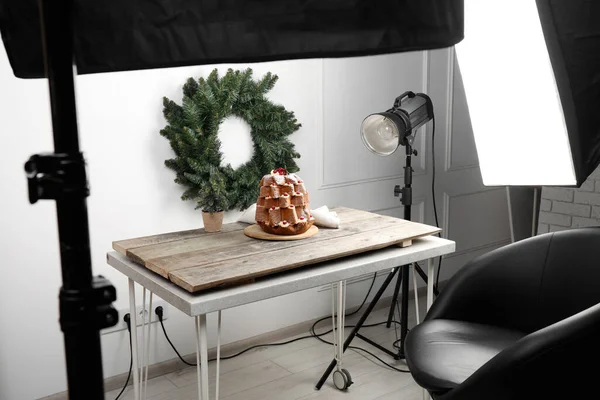 Professional Equipment Christmas Composition Pandoro Cake Wooden Table Studio Food — Fotografia de Stock