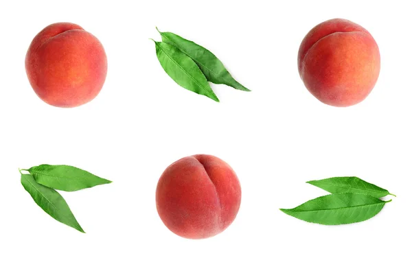 Frische Pfirsiche Und Grüne Blätter Auf Weißem Hintergrund — Stockfoto