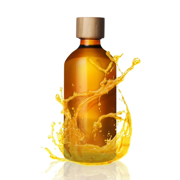 Fles Cosmetisch Product Met Etherische Olie Spetters Rond Witte Achtergrond — Stockfoto