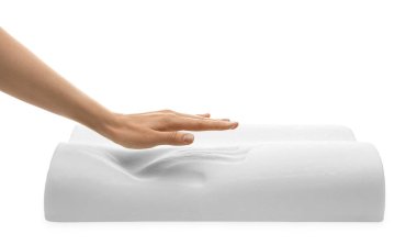 Woman with memory foam pillow on white background, closeup