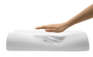 Woman with memory foam pillow on white background, closeup