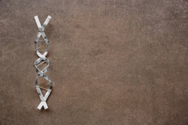 Kahverengi arka planda metalden yapılmış DNA molekül modeli, üst görünüm. Metin için boşluk