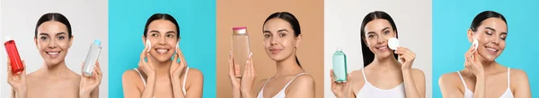 Collage Con Fotos Mujer Con Agua Micelar Fondos Diferentes Colores —  Fotos de Stock