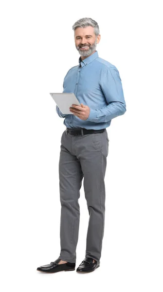 Homme Affaires Mature Vêtements Élégants Avec Tablette Sur Fond Blanc — Photo