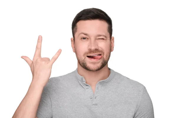 Happy Man Showing His Tongue Rock Gesture White Background — Stock Photo, Image