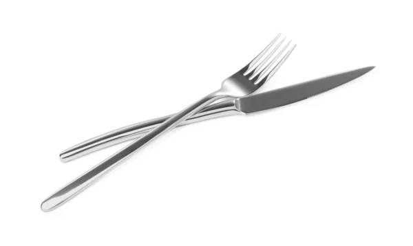 Fork Knife Isolated White Stylish Shiny Cutlery Set — Stock Photo, Image