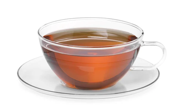 白に隔離されたお茶とソーサーのグラスカップ — ストック写真