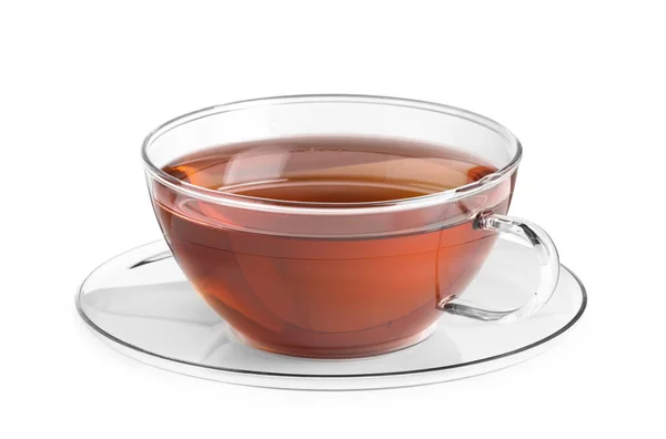 Glas Tee Und Untertasse Isoliert Auf Weiß — Stockfoto
