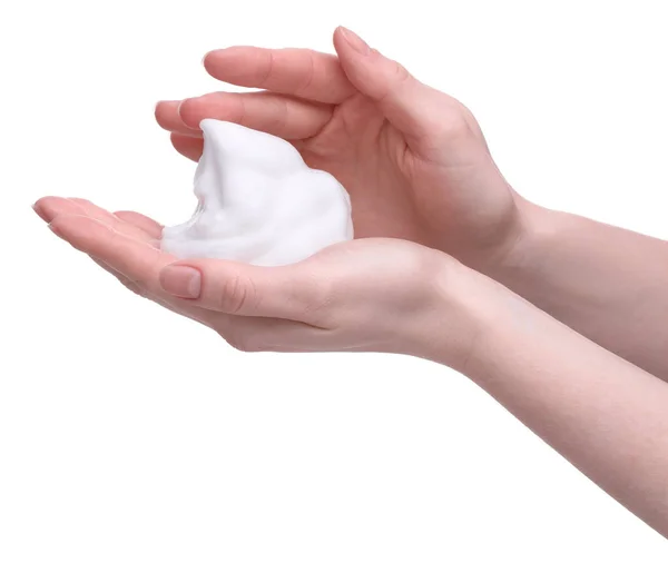 Woman Bath Foam White Background Closeup — Foto de Stock