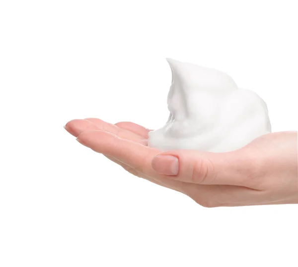 Woman Bath Foam White Background Closeup — Zdjęcie stockowe
