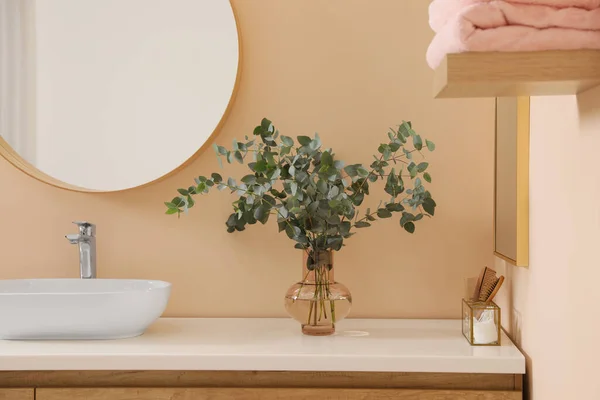 Stylish Mirror Eucalyptus Branches Vessel Sink Modern Bathroom Interior Design — Stock Photo, Image