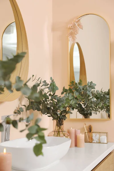 Eucalyptus Branches Vessel Sink Bathroom Vanity Interior Design — Foto Stock