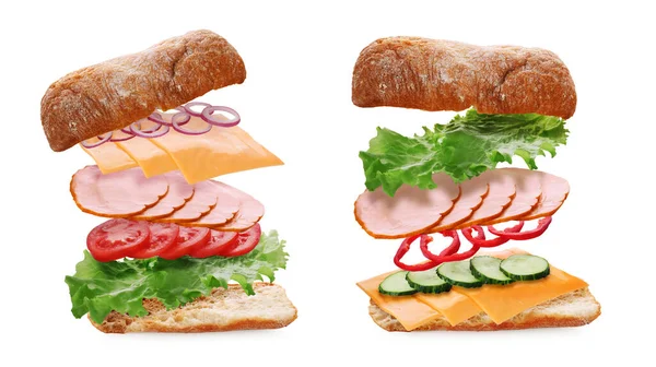 Lezzetli Ciabatta Sandviçleri Beyaz Arka Planda Taze Malzemeler Kolaj Tasarımı — Stok fotoğraf