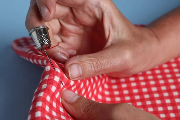 Woman Sewing Thimble Needle Light Blue Background Closeup — Stock Photo, Image