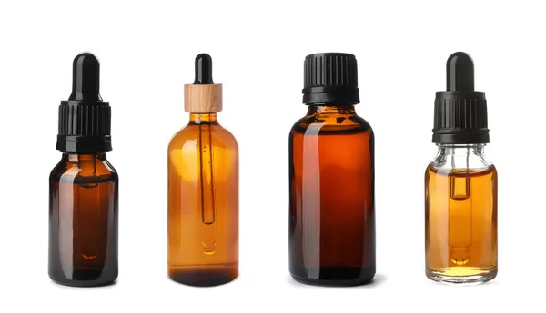 Set Van Verschillende Cosmetische Oliën Flessen Witte Achtergrond — Stockfoto