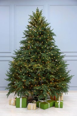 İçerideki Noel ağacının altında bir sürü farklı hediye kutusu var.