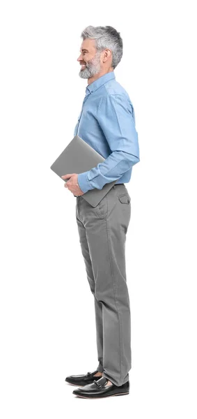 Зрелый Бизнесмен Стильной Одежде Ноутбуком Белом Фоне — стоковое фото