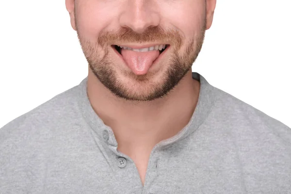 Man Showing His Tongue White Background Closeup — Stock Photo, Image