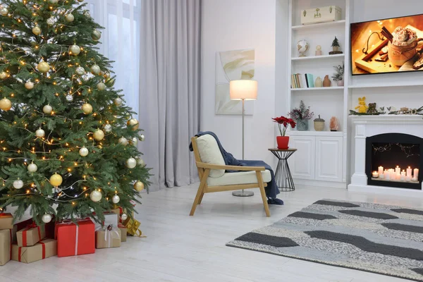 Beautiful Tree Festive Lights Christmas Decor Living Room Interior Design — Stock Photo, Image