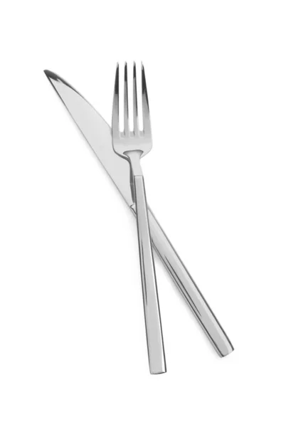Fork Knife Isolated White Top View Stylish Shiny Cutlery Set — Stock Photo, Image