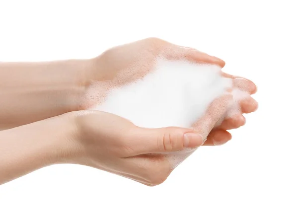 Woman Bath Foam White Background Closeup — Stock Photo, Image