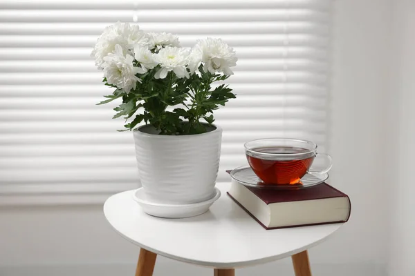 stock image Beautiful chrysanthemum plant in flower pot, cup of tea and book on white table indoors