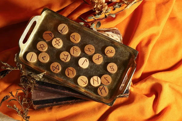 Tray Wooden Runes Dried Plants Old Books Orange Fabric Flat — Stock Photo, Image