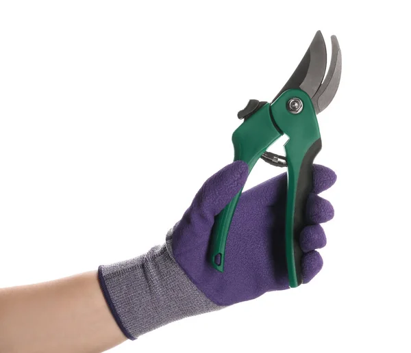 Arbeiter Der Hand Eine Gartenschere Mit Grünen Griffen Auf Weißem — Stockfoto