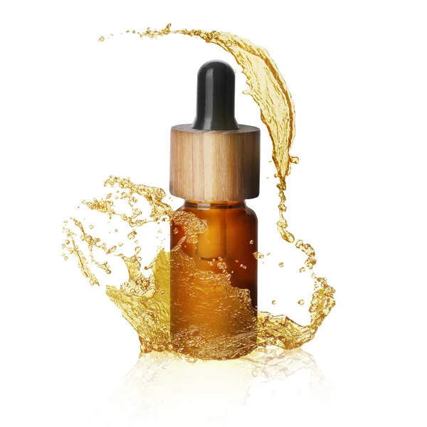 Flasche Kosmetikprodukt Mit Ätherischem Und Spritzern Auf Weißem Hintergrund — Stockfoto