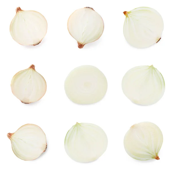 Collage Mit Zwiebelhälften Auf Weißem Hintergrund — Stockfoto