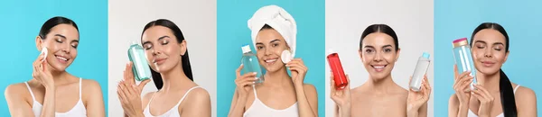 Collage Con Fotos Mujer Con Agua Micelar Diferentes Fondos Color — Foto de Stock