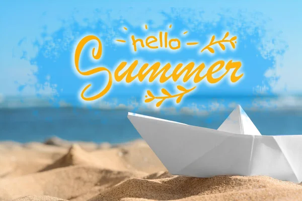 Hello Summer White Paper Boat Sandy Beach Sunny Day — Stock Photo, Image