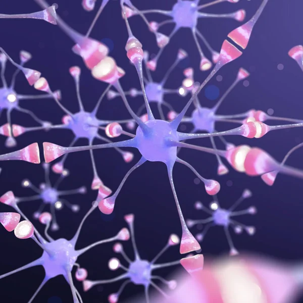 Neural network with synaptic connections on purple gradient background, illustration