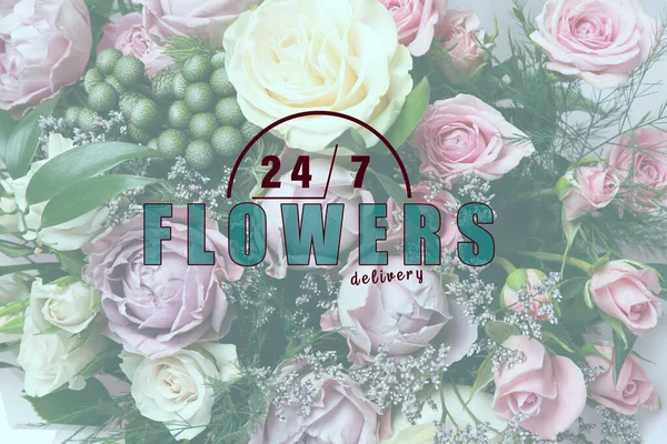 Flowers delivery 24/7 service. Beautiful bouquet and illustration of clock