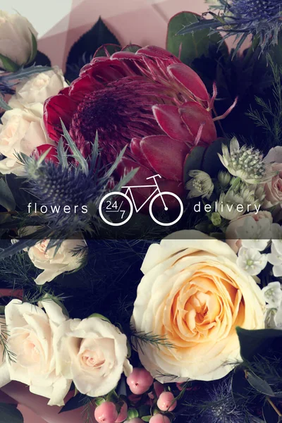 Flowers delivery 24/7 service. Beautiful bouquet and illustration of bicycle