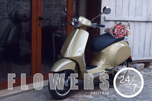 Flowers delivery 24/7 service. Scooter with beautiful bouquet outdoors. Illustration of clock